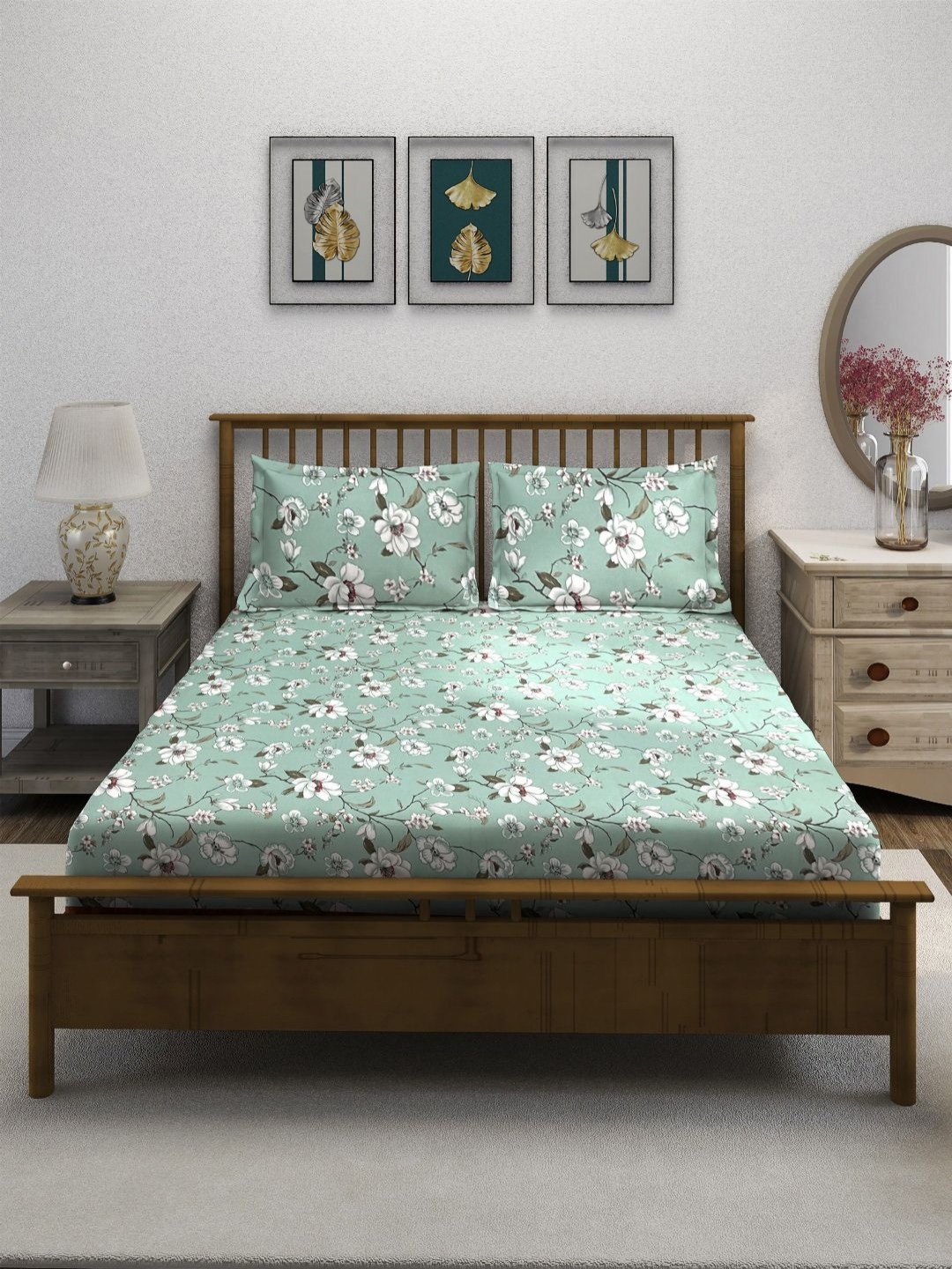 SWAYAM Ananda Green Floral Pure Cotton 210 TC Double Fine Bedsheet with 2 Pillow Covers-108 x 108 inches