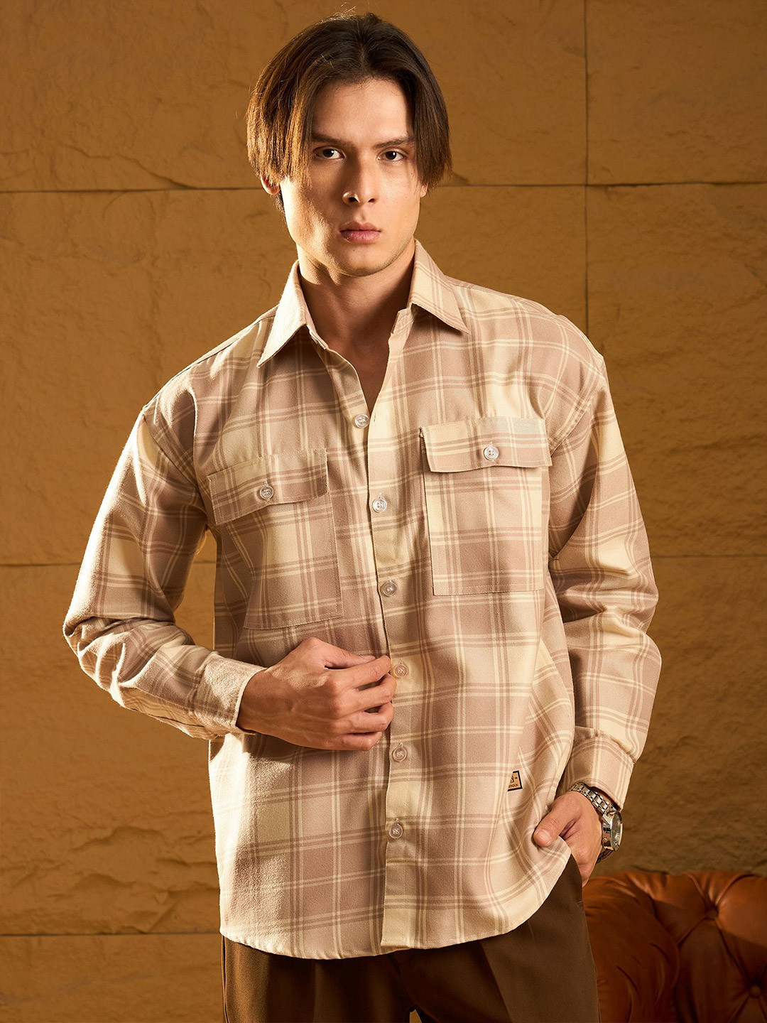 DENNISON Double Pocket Drop Shoulder Oversized Checked Shacket