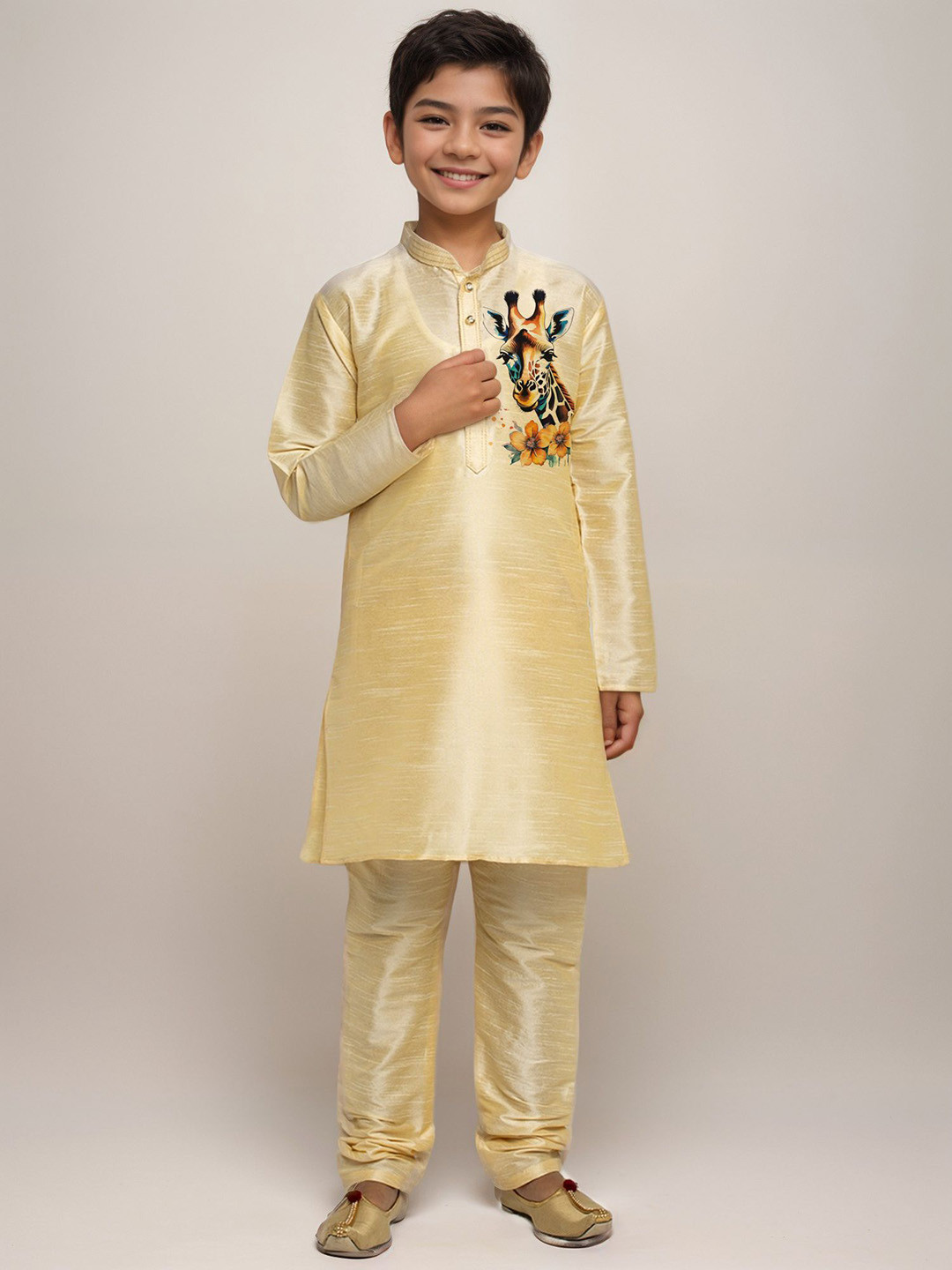 DEVOILER Boys Floral Printed Mandarin Collar Straight Kurta