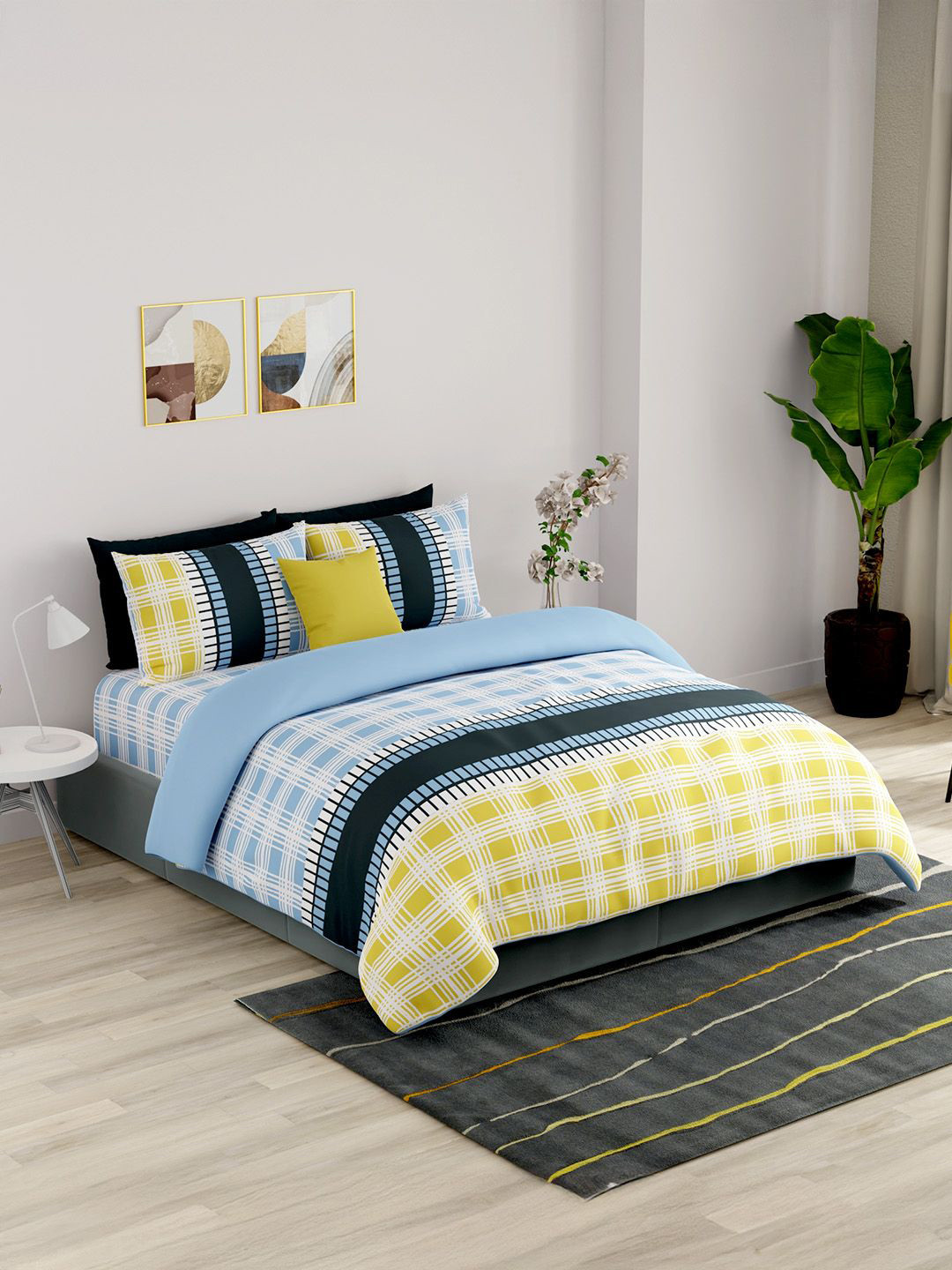 United Colors of Benetton Yellow & Blue Checked Pure Cotton Extra Large Bedding Set