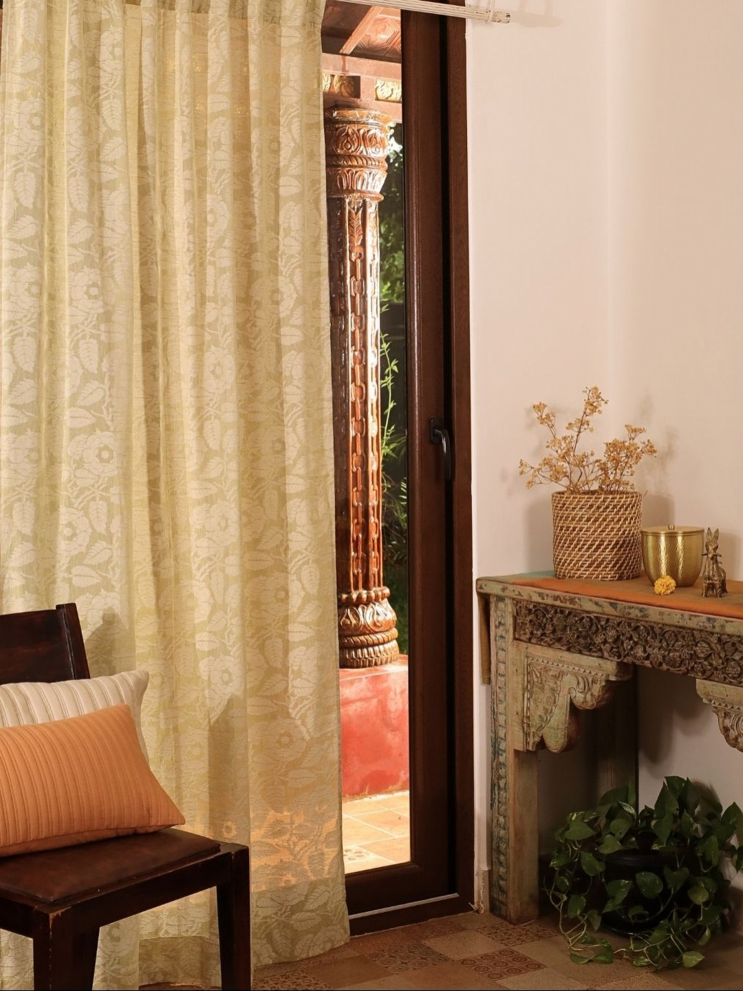 Peepul Tree Green Floral Printed Sheer Pure Cotton Door Curtain -7ft