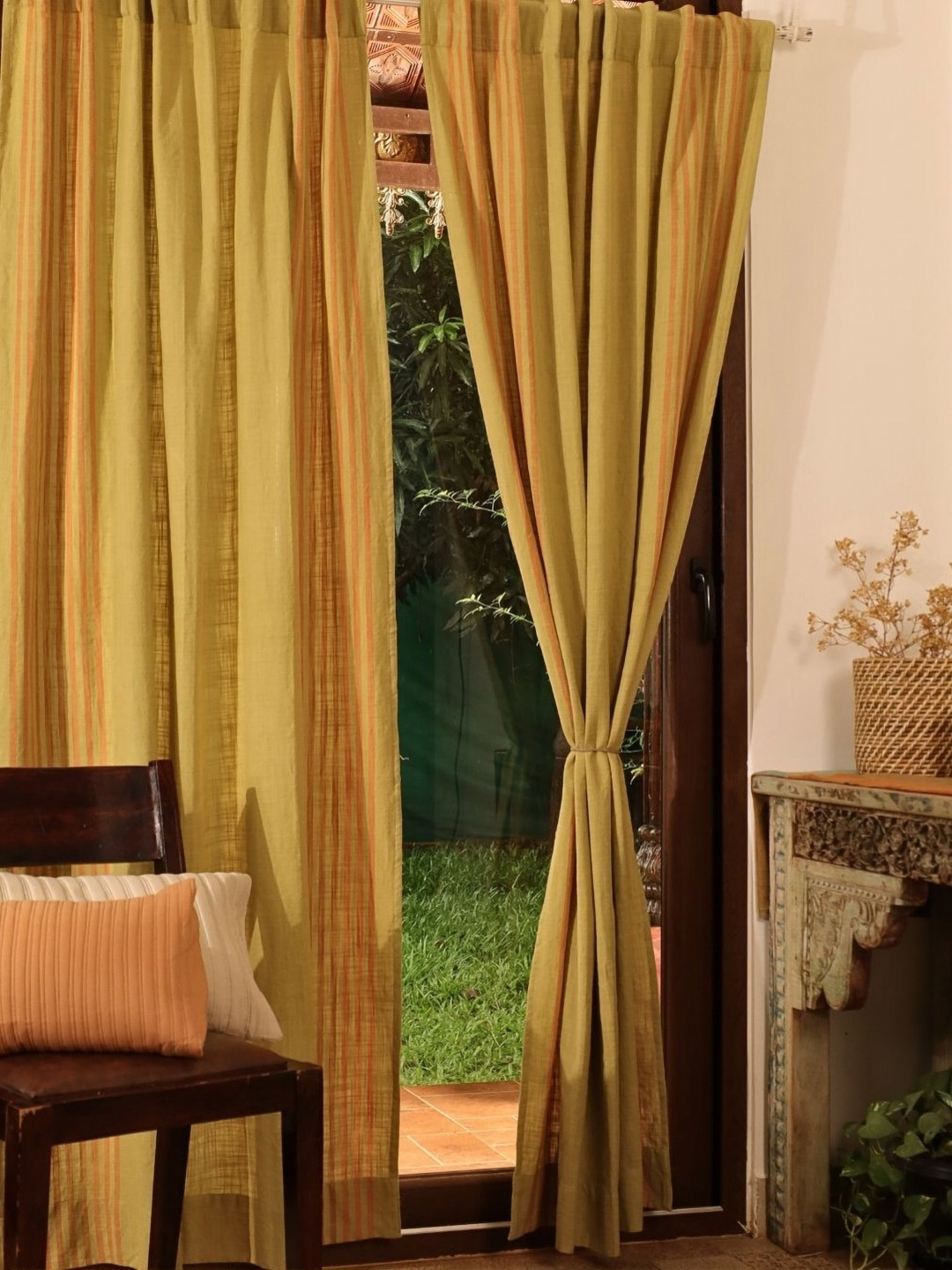 Peepul Tree 2 Pieces Lime Green & Orange Sheer Pure Cotton Door Curtains