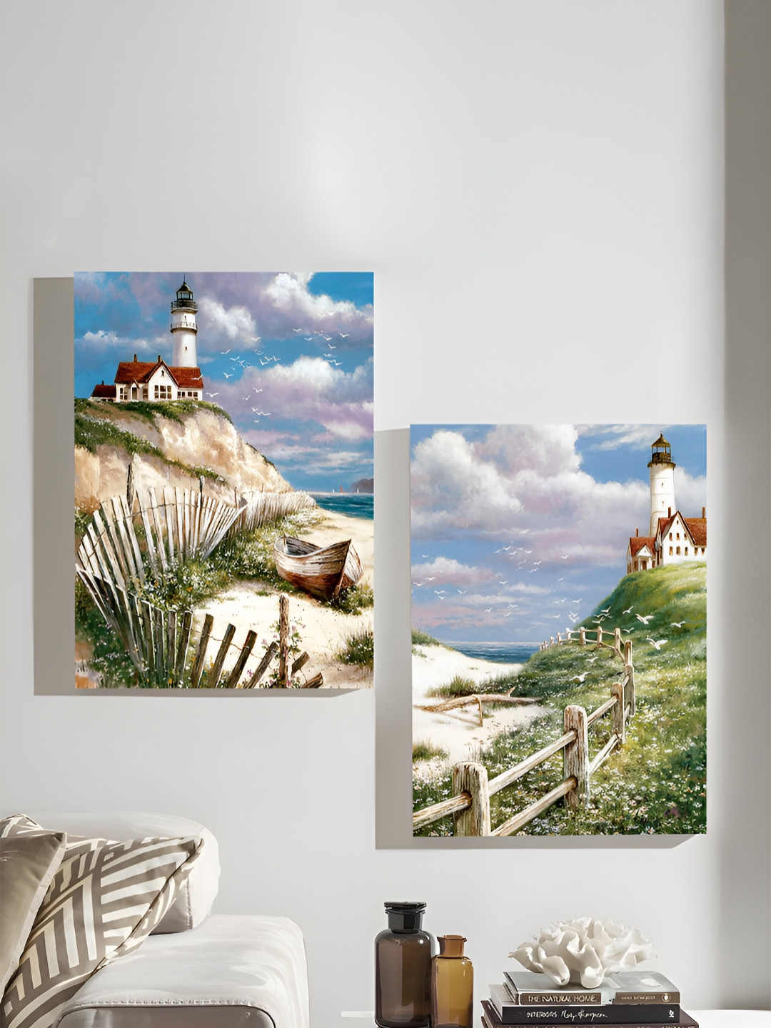 Art Street Sea Green & Blue 2 Pieces Canvas Landscape Stretched Painting Wall Arts