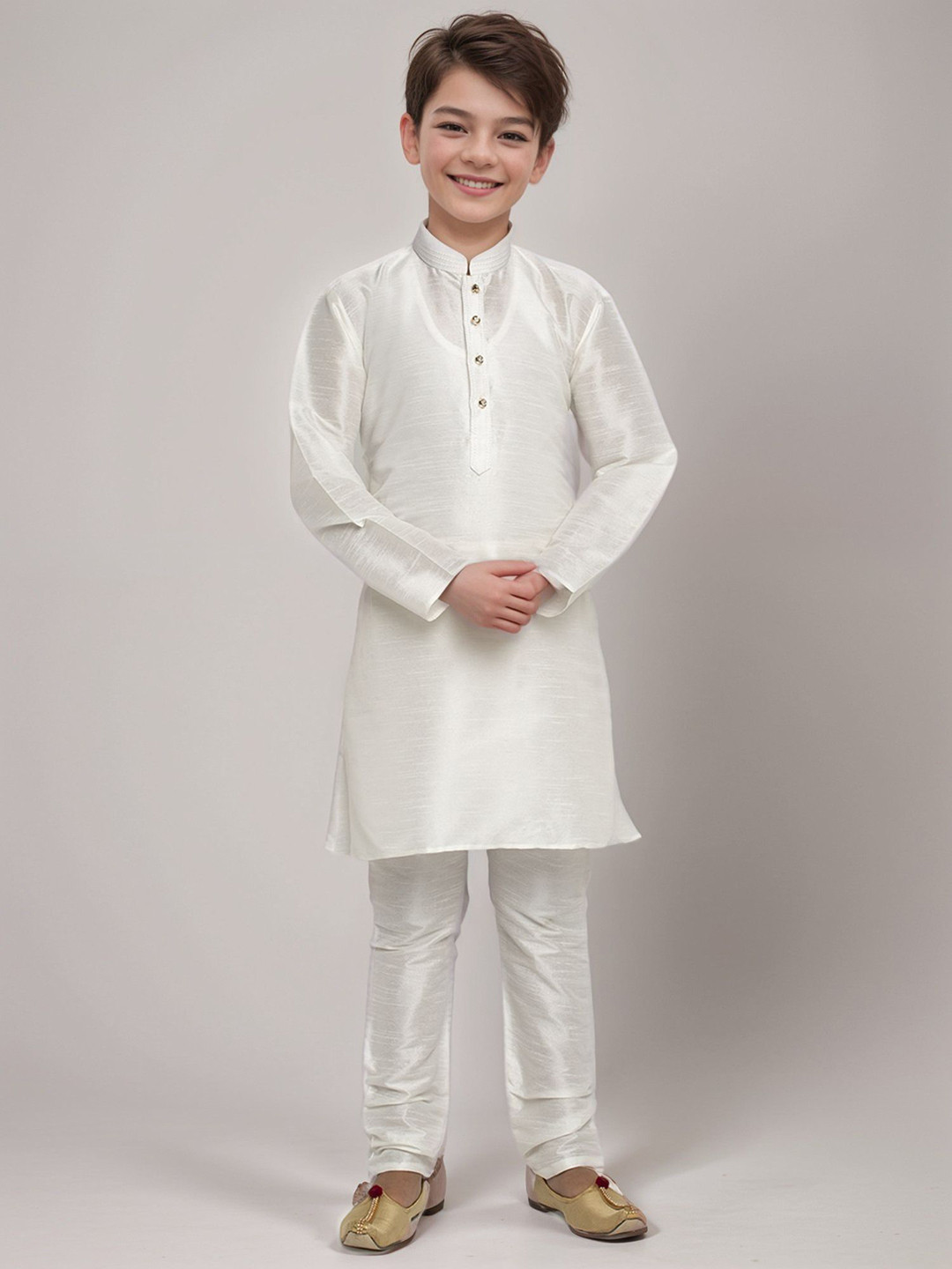 DEVOILER Boys Mandarin Collar Dupion Silk Straight Kurta