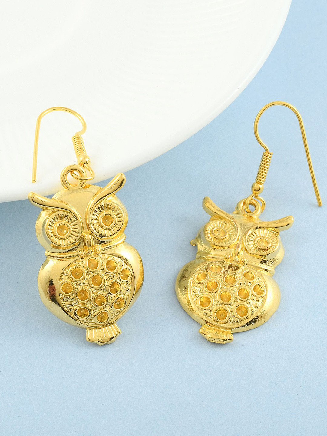 MEMOIR Gold-Plated Godess Lakshmi Owl Shape Drop Earrings