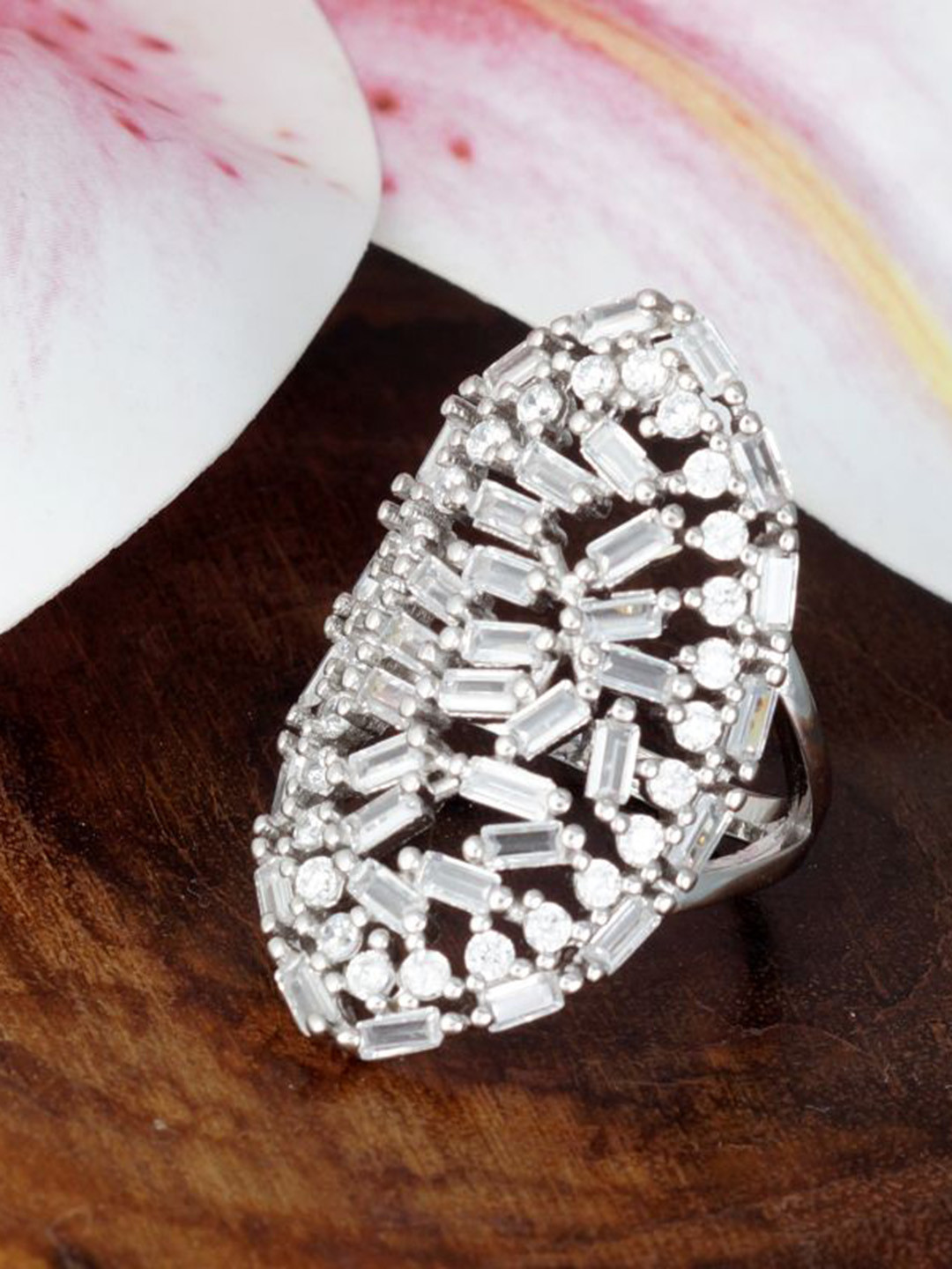 Tuanz Silver Jewelry Magnus Marquee 925 Sterling Silver Rhodium-Plated CZ-Studded Ring