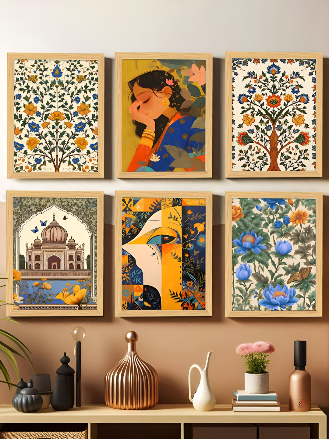 Art Street Yellow & Blue 6 Pieces Madhubani Floral Mughal Painting Wall Arts