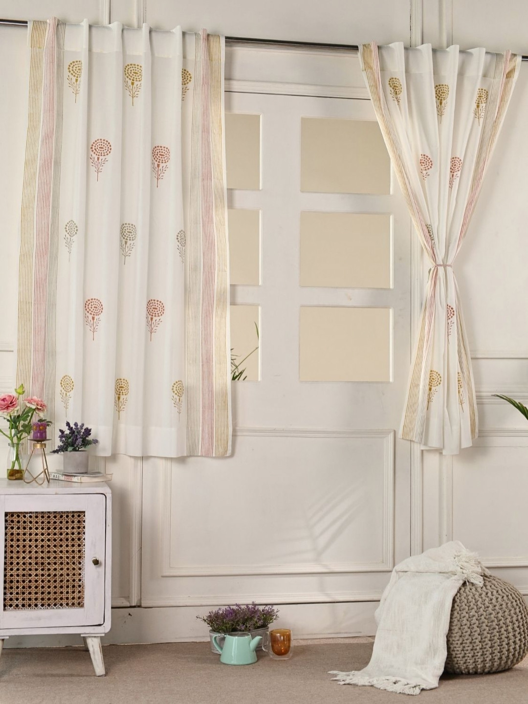 Peepul Tree Set of 2 Mustard Yellow Floral Sheer Cotton Window Curtains-5ft