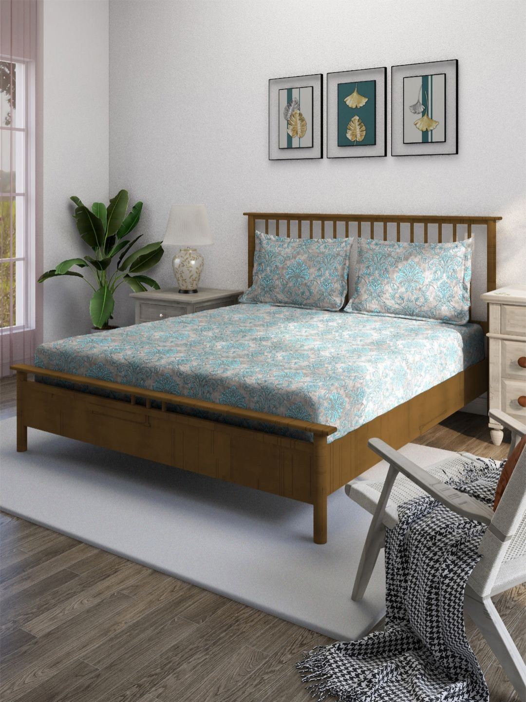 SWAYAM Beige Floral Cotton 210 TC King Fine Bedsheet with 2 Pillow Covers-90 x 108 inches