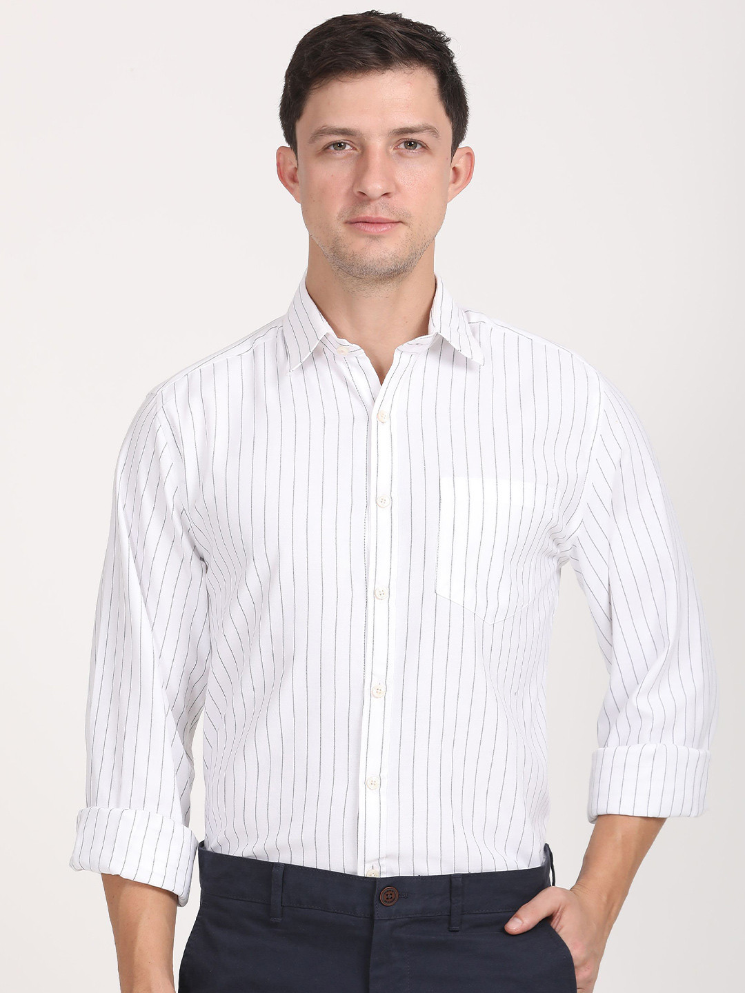 Copperline Men Comfort Spread Collar Vertical Striped Cotton Formal Shirt
