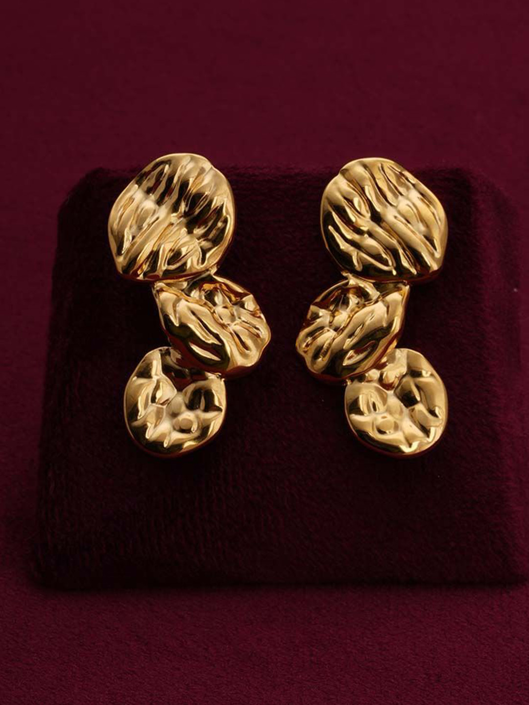 PALMONAS Gold-Plated Stainless Steel Anti-Tarnish Vintage Hammer Petal Drop Earrings