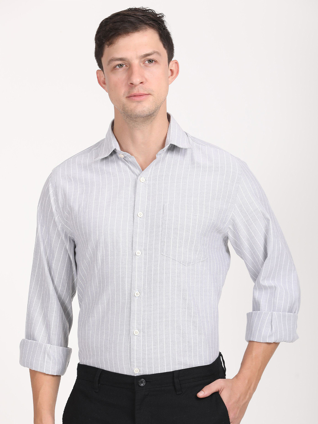 Copperline Men Comfort Spread Collar Vertical Striped Cotton Formal Shirt