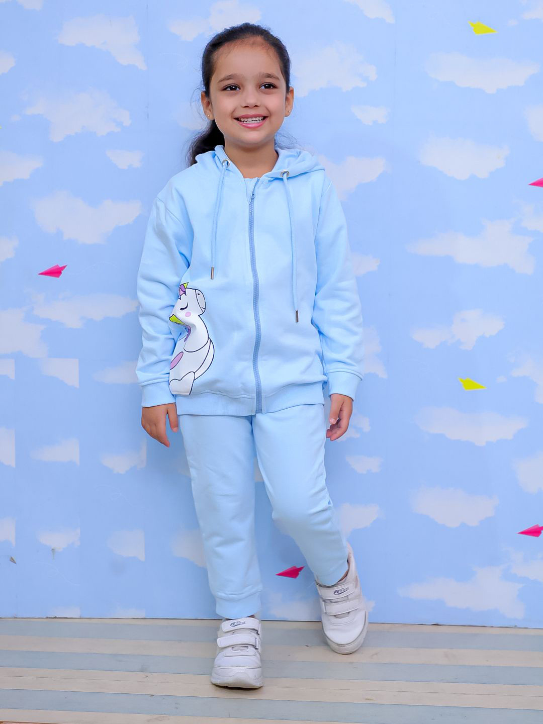 The Mom Store Girls Cool Unicorn Printed Zipper Hooded Pure Cotton Sweatshirt with Joggers