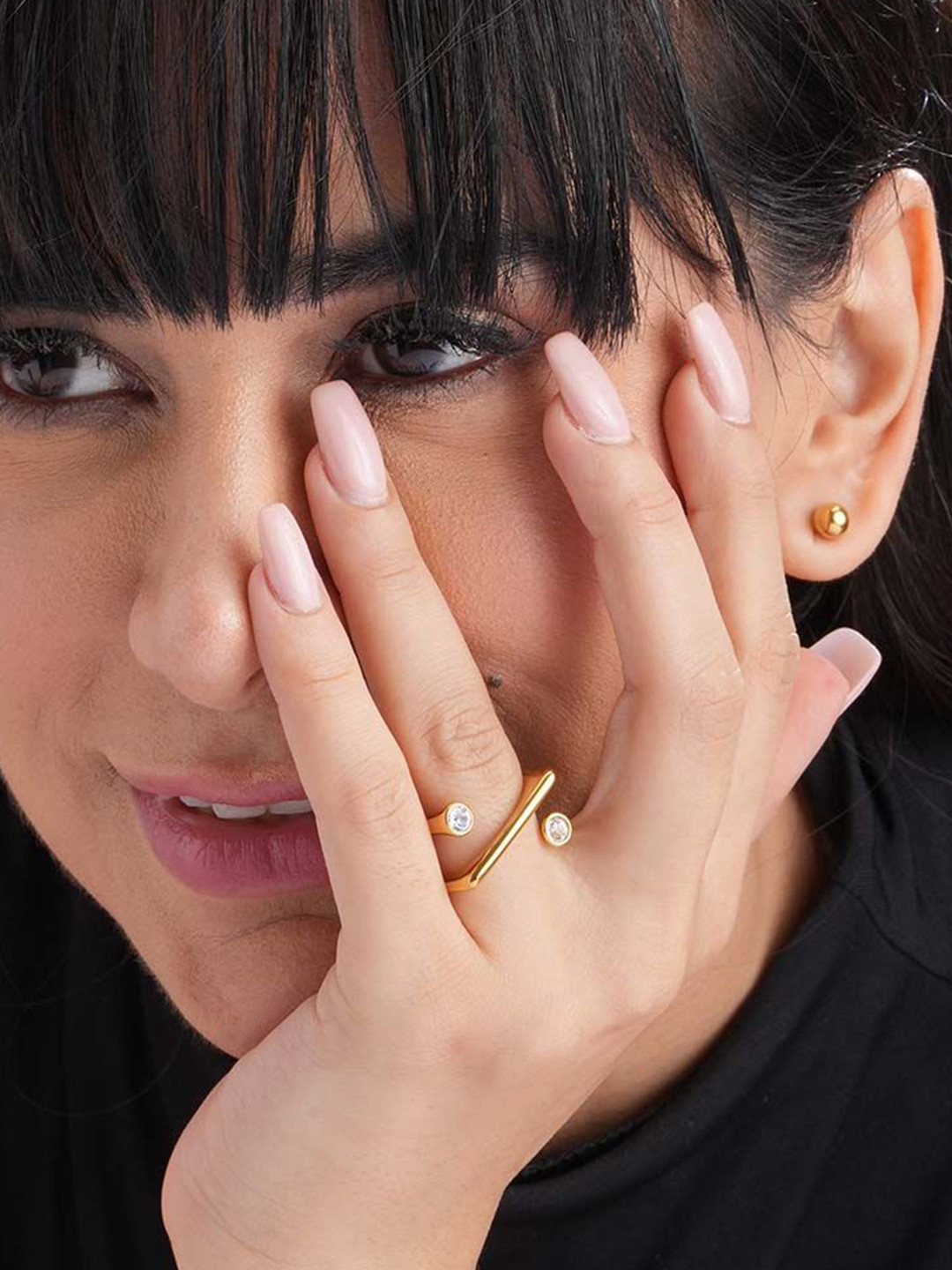 PALMONAS Anti Tarnish Gold-Plated Stainless Steel Cubic Zirconia Studded Helen Finger Ring