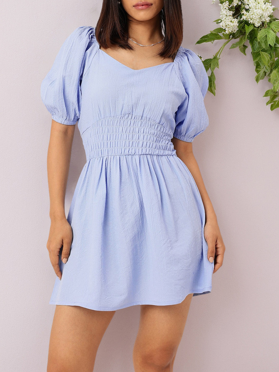 DressBerry Cinched Waist Seersucker A-Line Mini Dress