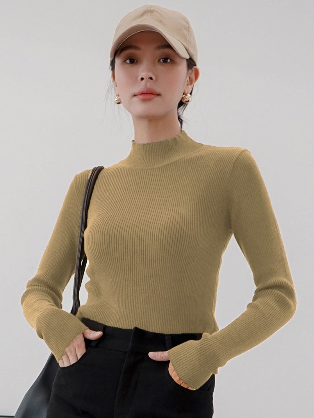 CLAFOUTIS Women High Neck Pockets Slim Fit T-shirt
