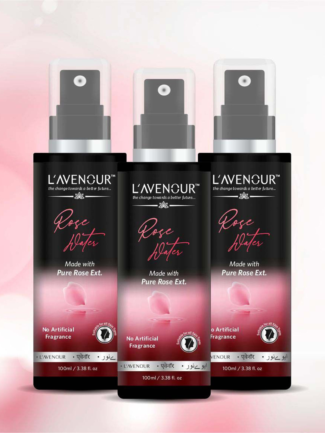 L'AVENOUR Set Of 3 Steam Distilled Pure Rose Water For Glowing & Hydrated Skin-100 ml Each