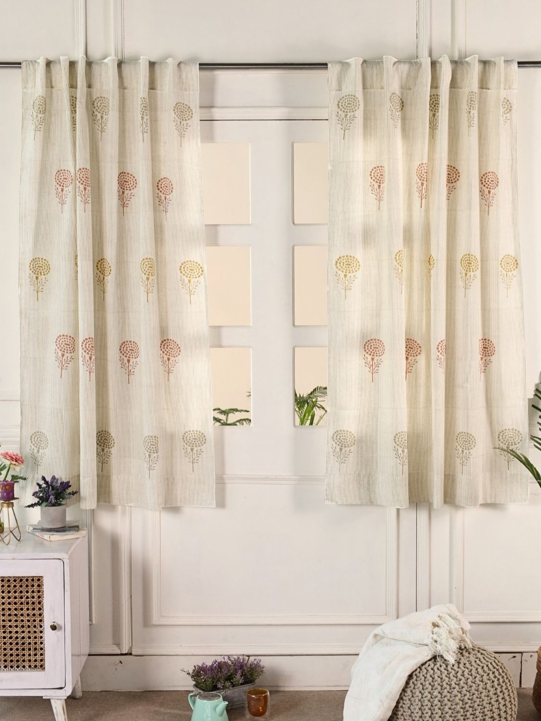 Peepul Tree 2 Pieces Rust Floral Printed Sheer Cotton Window Curtains