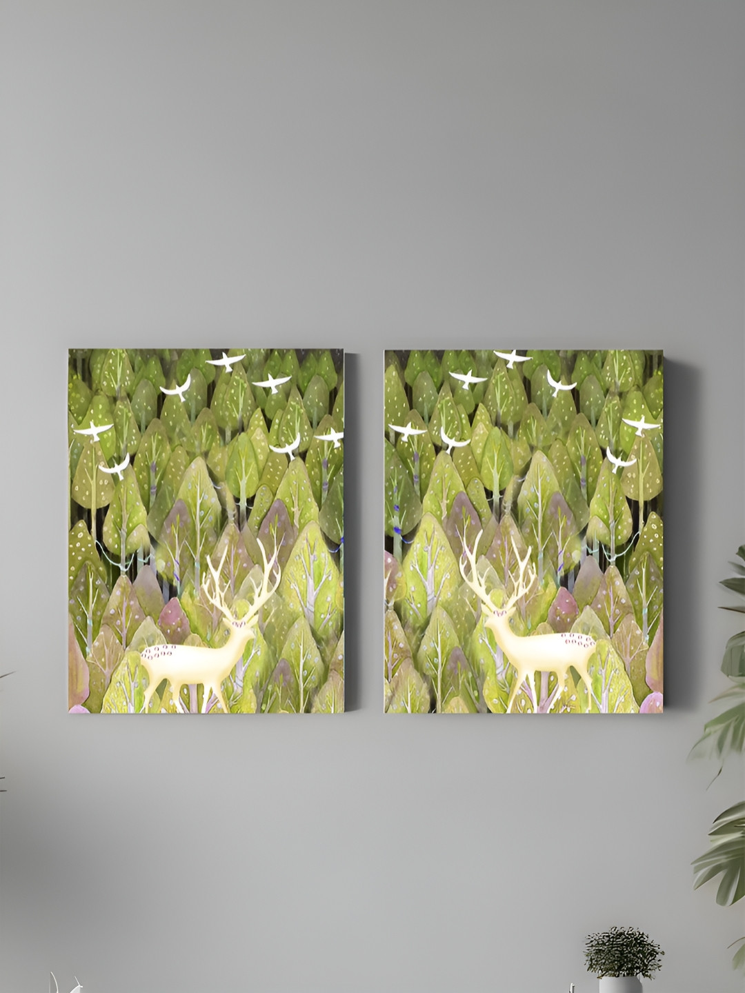 Art Street Green & White 2 Pieces Canvas Forest Deer Painting Wall Arts