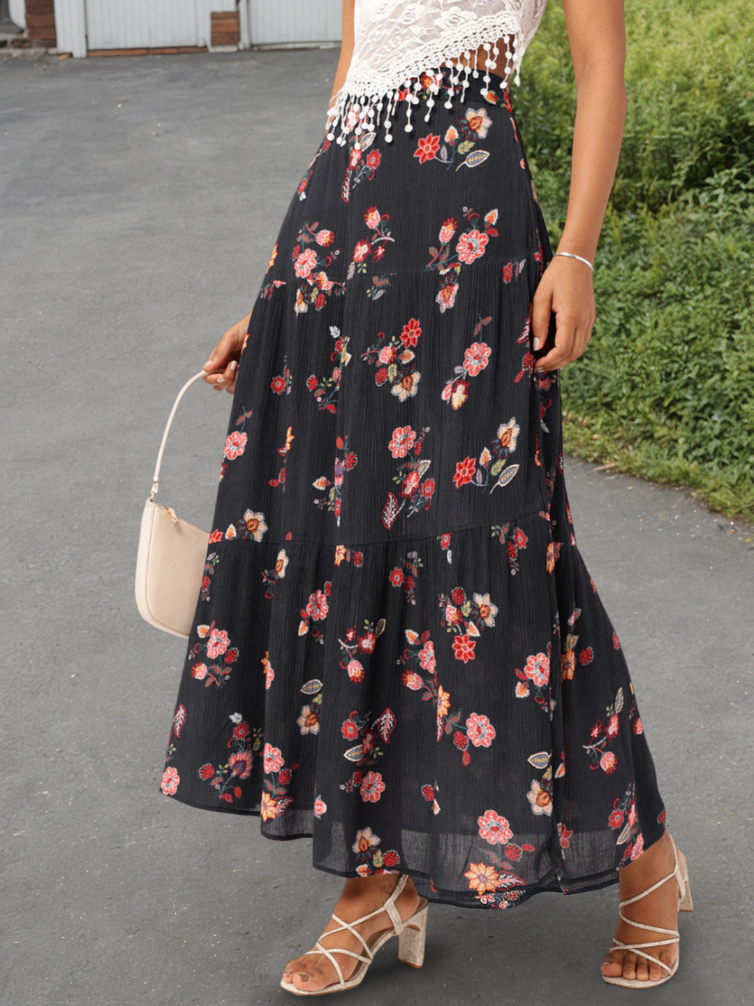 DressBerry Bohemian Floral Printed Tiered Flared Maxi Skirt