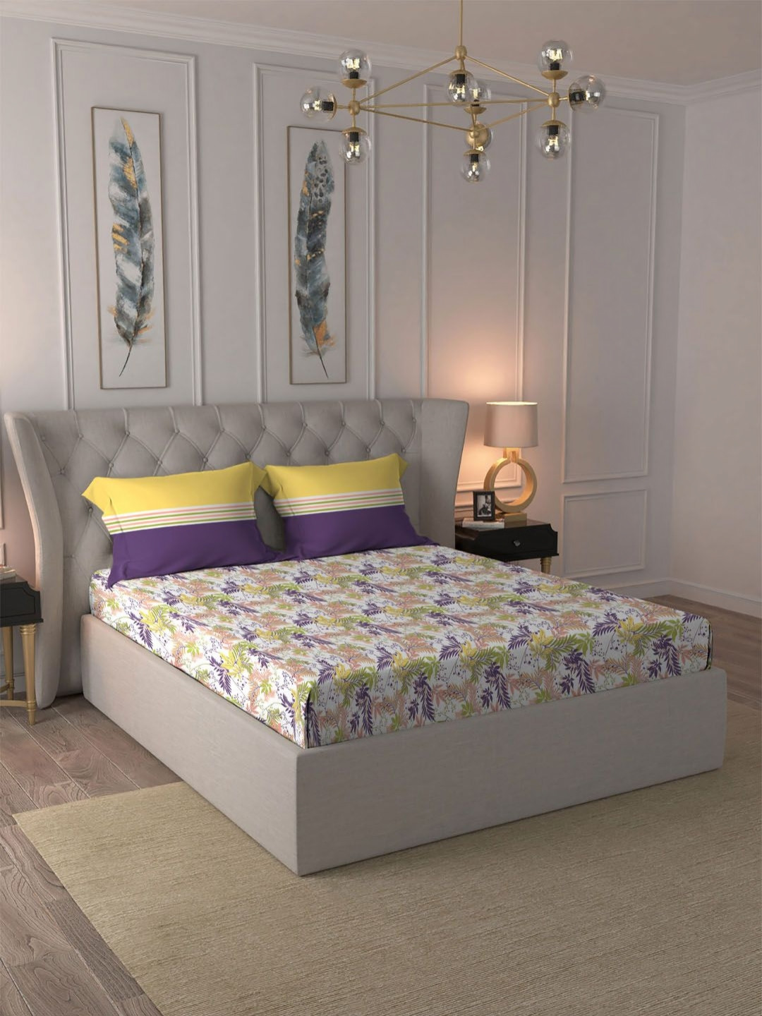 MYTRIDENT Dusk & Dawn Purple Leaf Cotton 144 TC Queen Bedsheet with 2 Pillow Covers-90 x 100 inches