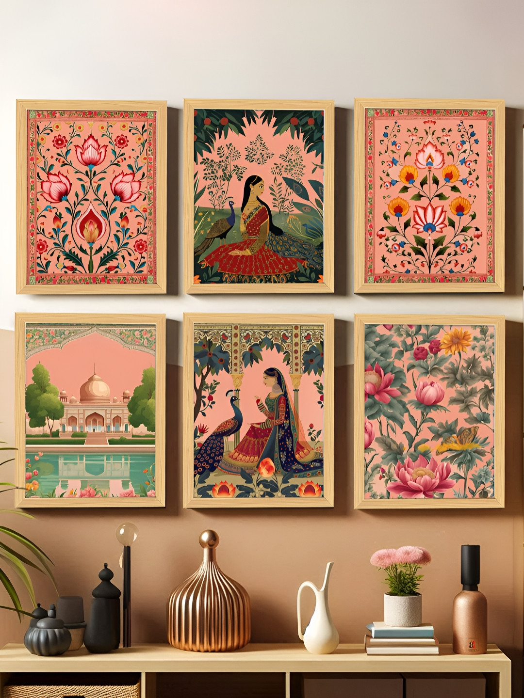 Art Street Red & Green 6 Pieces Woman Painting Boho Native Painting Wall Arts