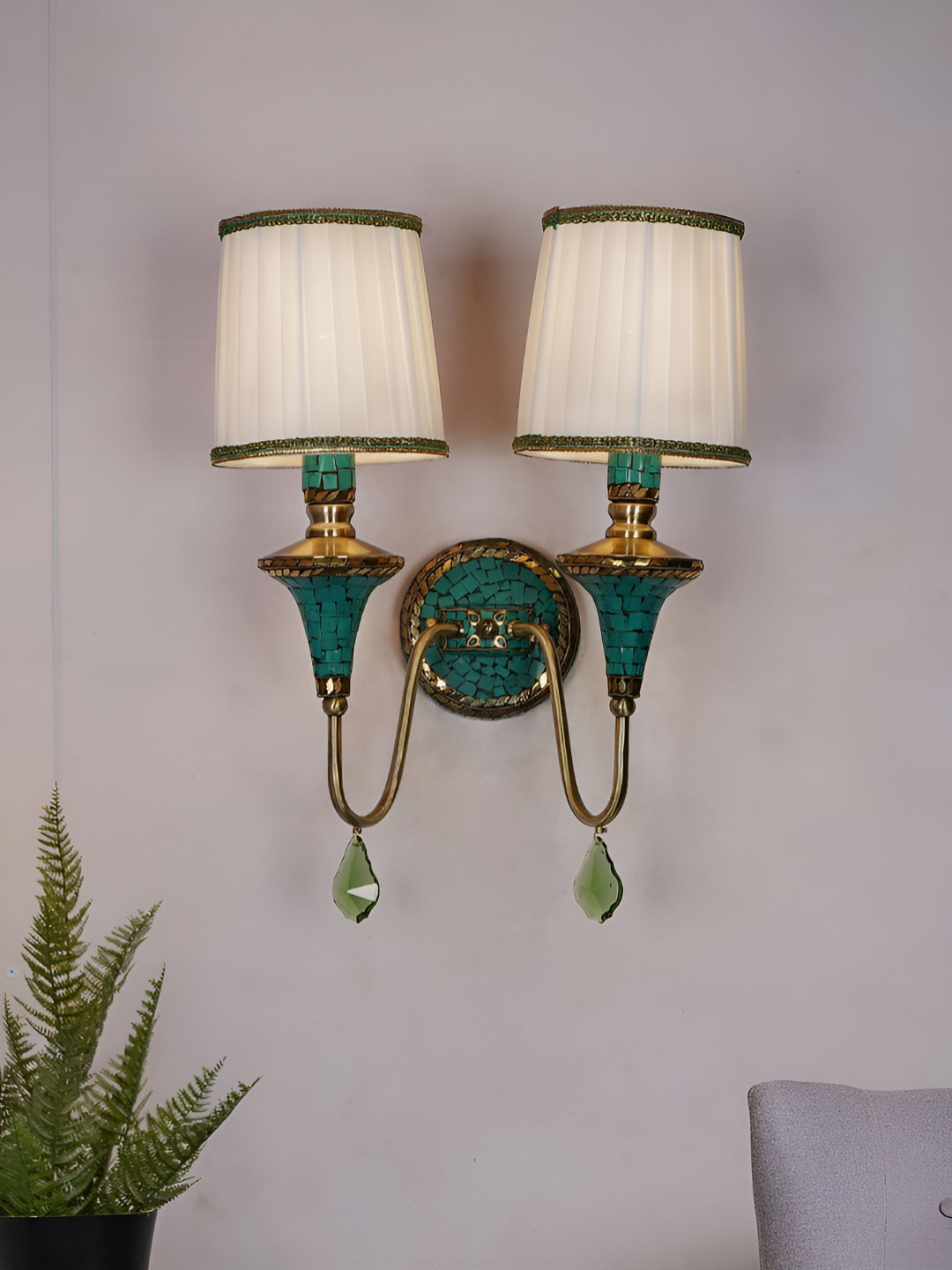 Fos Lighting Green & White Printed Pleated Shades Cylinder Shaped Wall Lamp