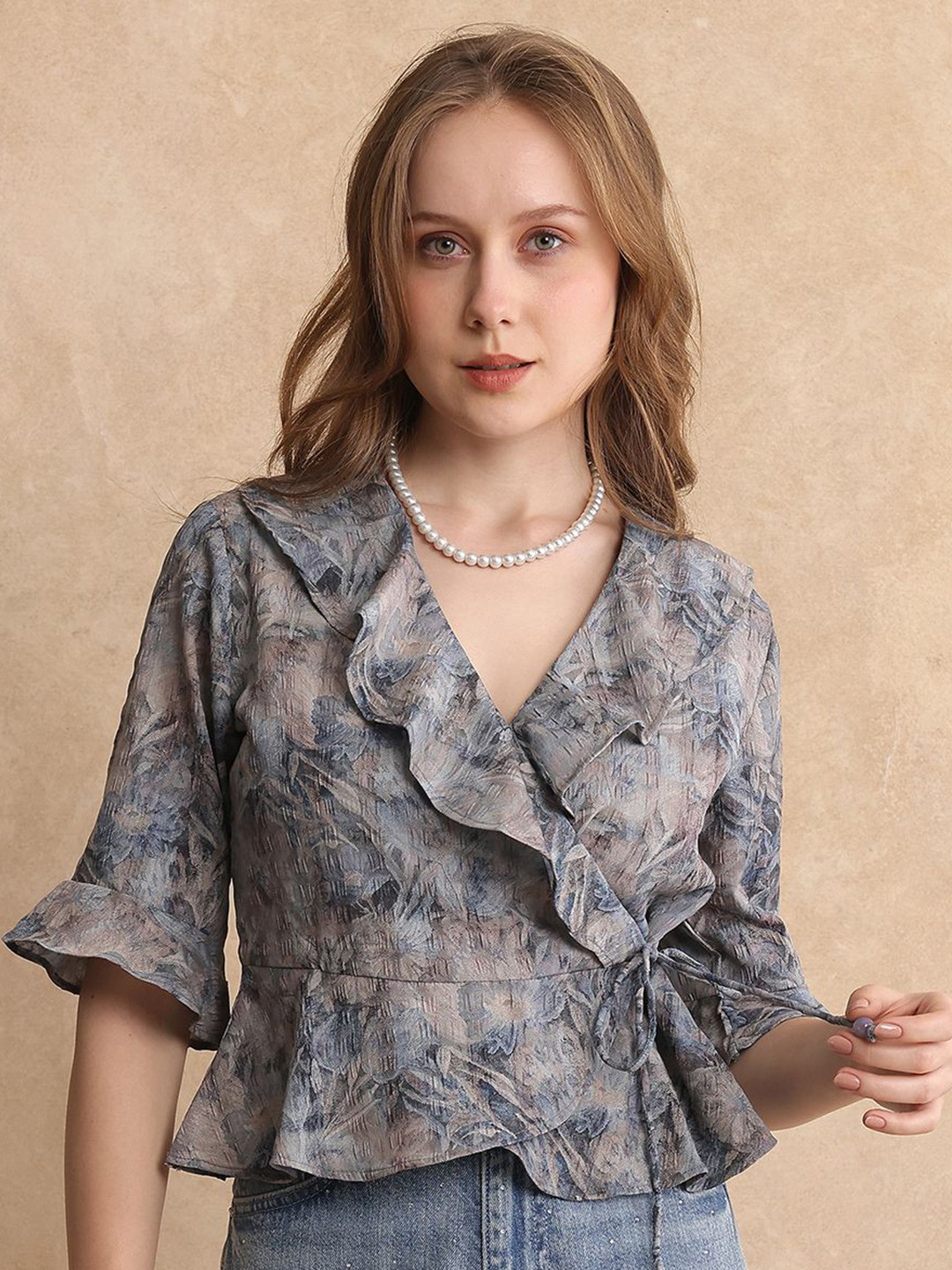 RAREISM Women Floral Print Bell Sleeve Crop Wrap Top