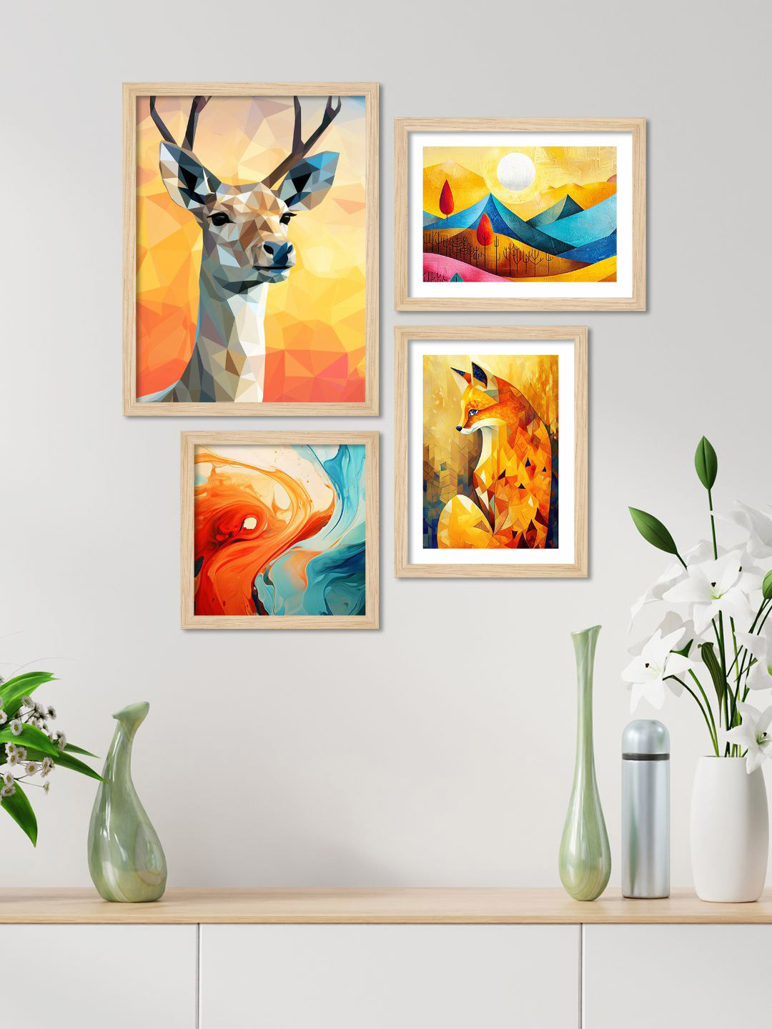 ArtVibes Yellow & Blue 4 Pieces Scenery Deer Art Wooden Painting Wall Arts