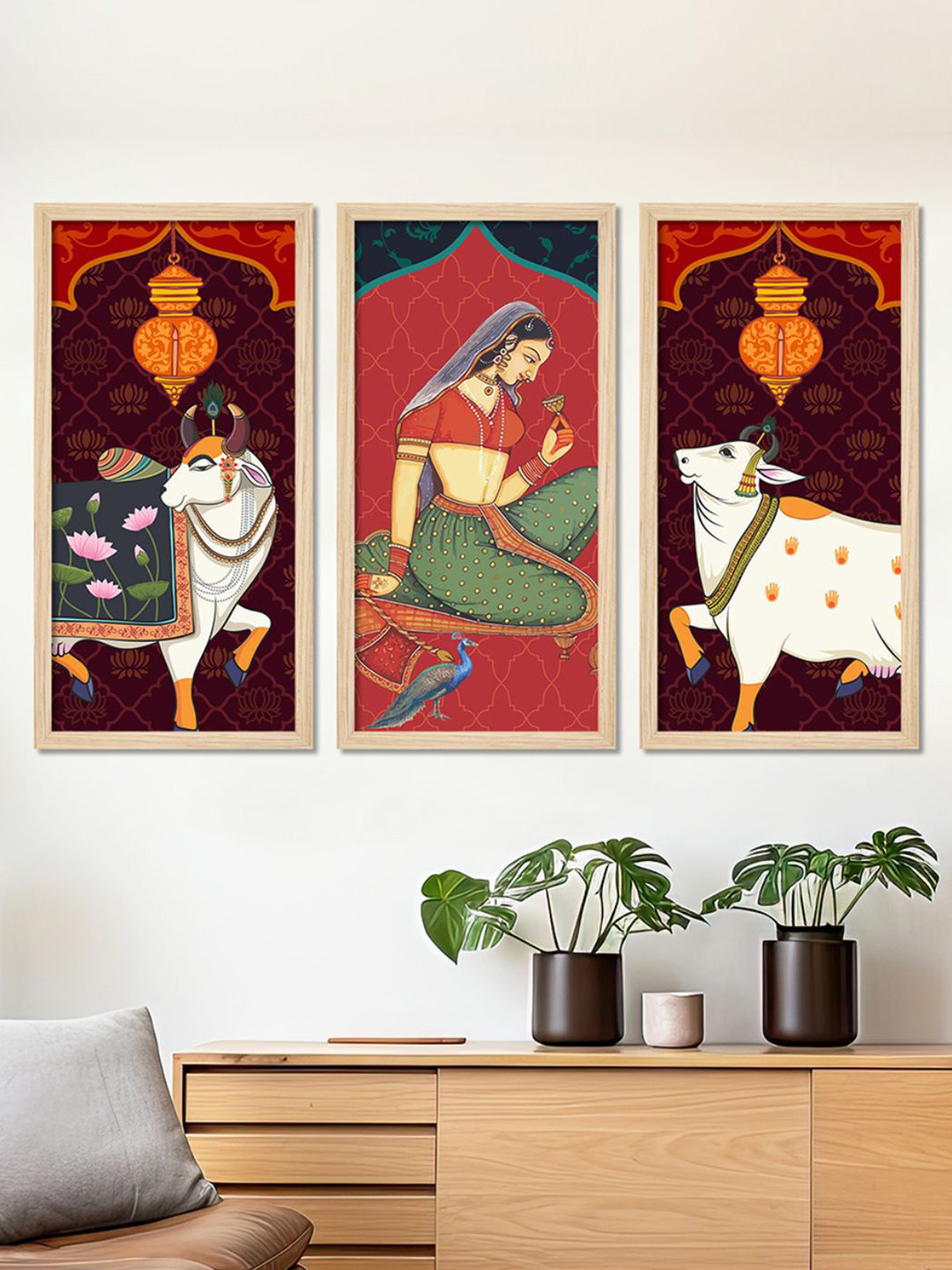 ArtVibes Madhubani Pichwai Cow Wood 3 Piece Wall Rectangle Paintings Wall Art -19 x 10 In