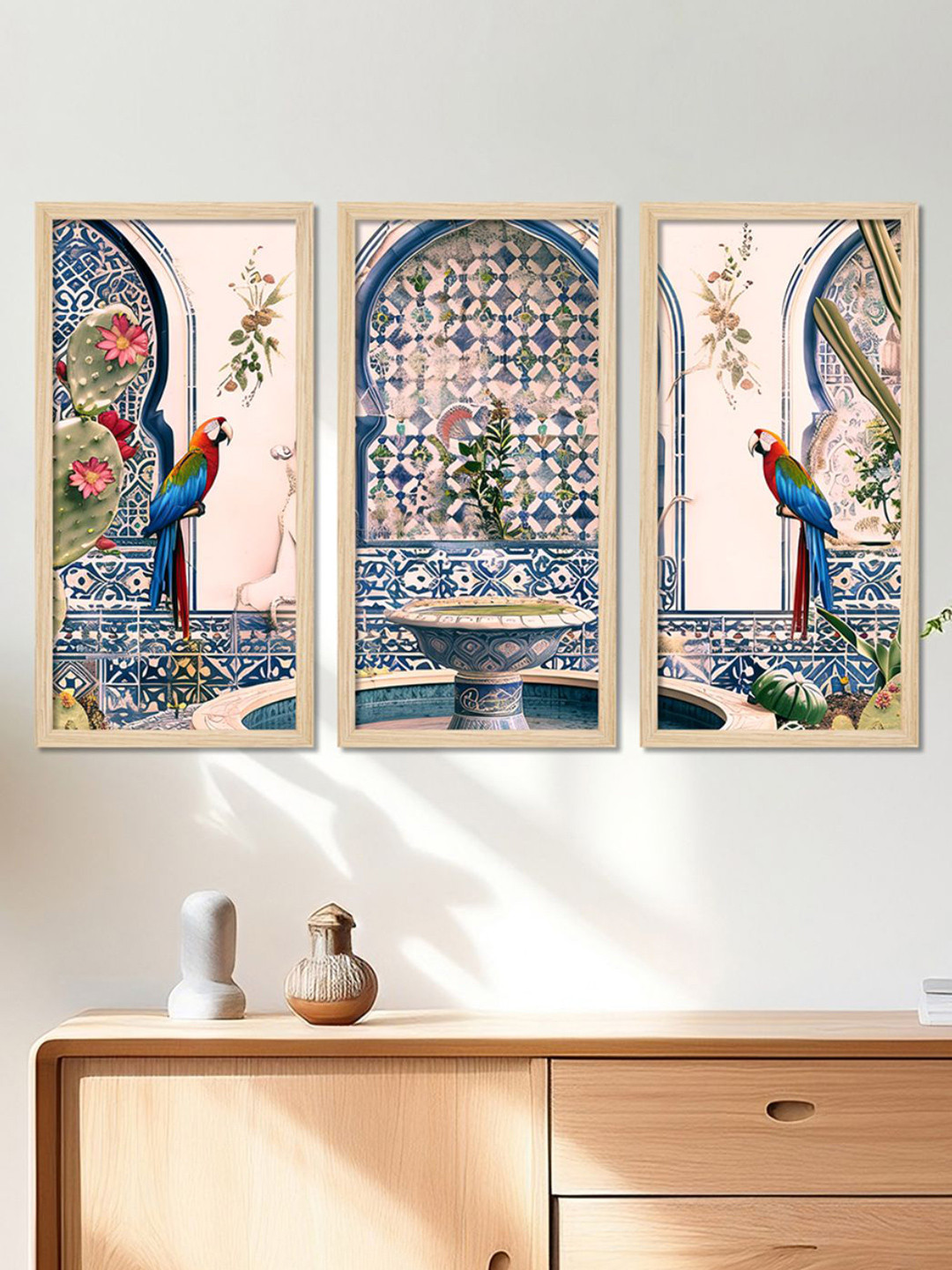 ArtVibes Jardin Traditional Mughal Cream & Blue 3 Pieces Wooden Painting Wall Arts