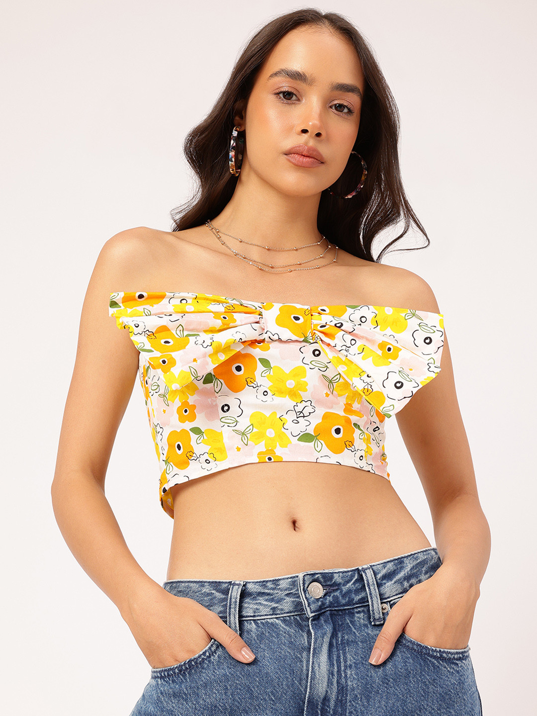 DressBerry Floral Bow-Front Smocked Tube Crop Top