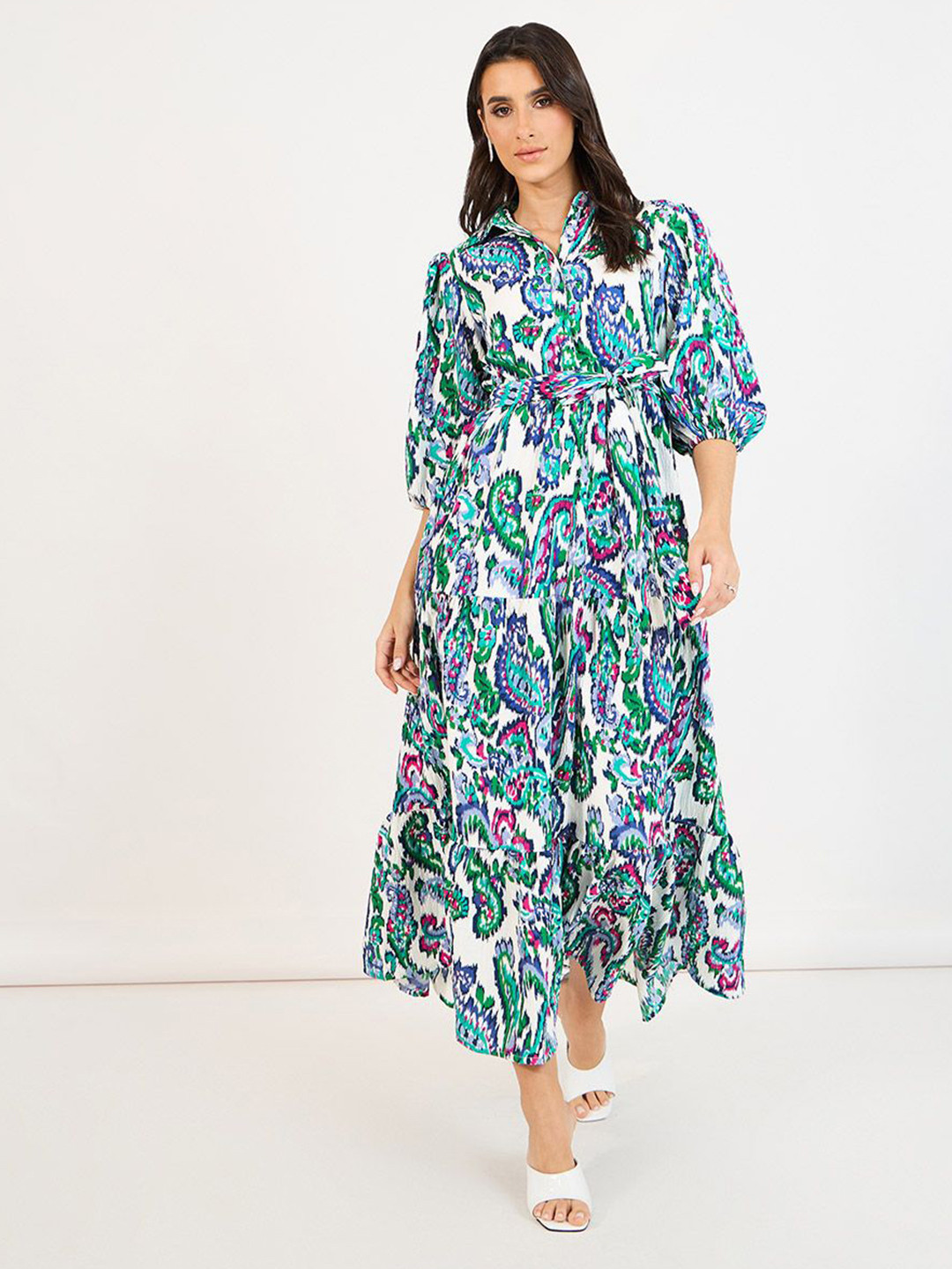 Styli Women Paisley Print Shirt Collar Puff Sleeves Tiered Maxi Dress