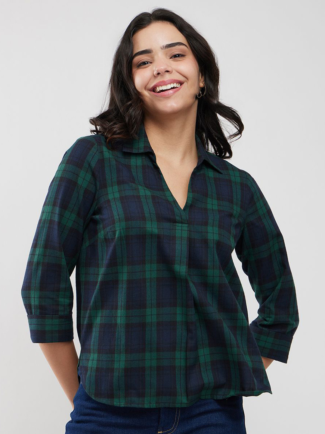 FableStreet Women Checked Cotton Green Top