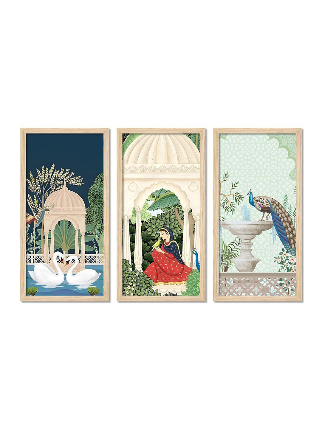 ArtVibes Mughal Garden Wood 3 Piece Wall Rectangle Paintings Wall Art -19 x 32 In