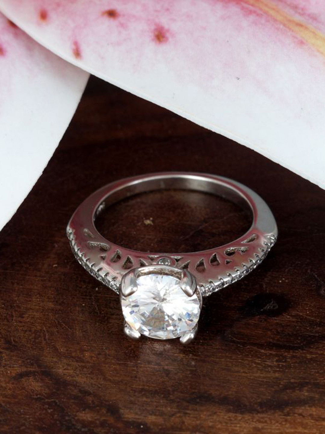 Tuanz Silver Jewelry Shubham 925 Sterling Silver Rhodium Plated CZ Studded Finger Ring