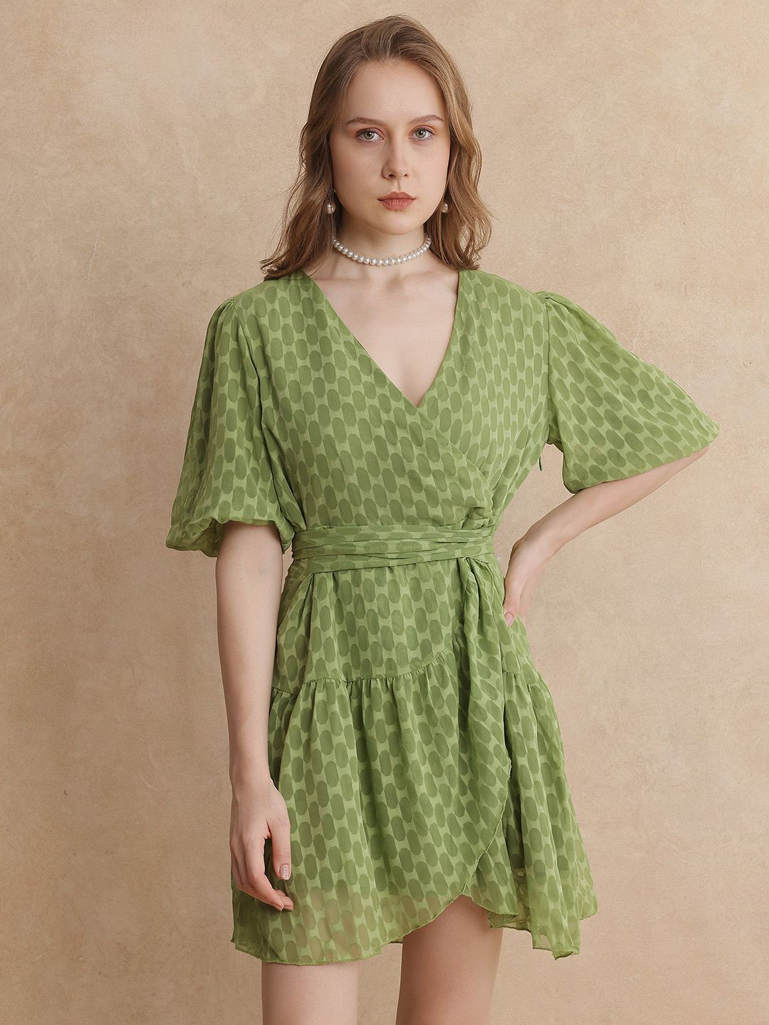 RAREISM Women Flared Sleeve Cotton Wrap Mini Dress