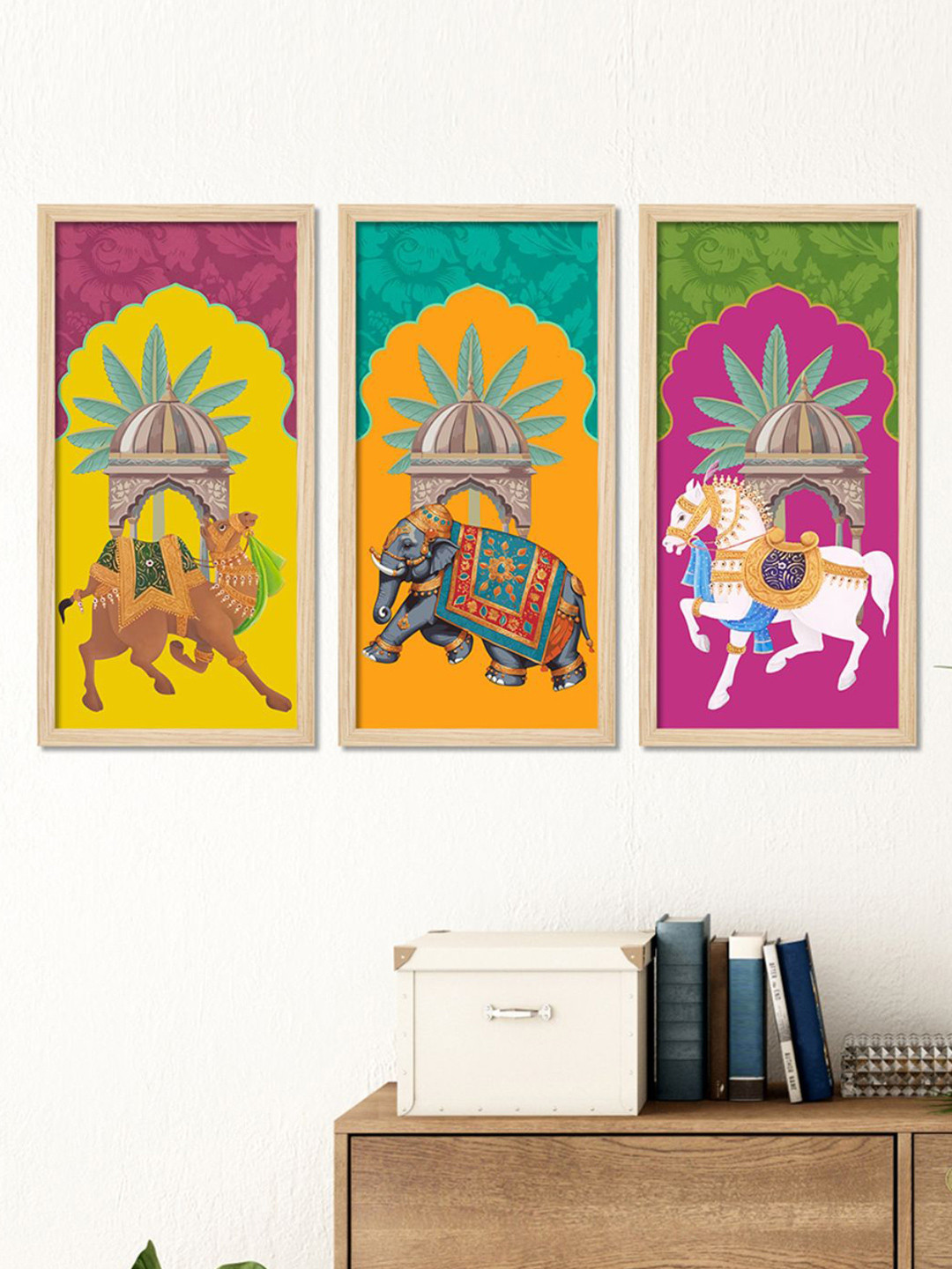 ArtVibes Yellow & Purple 3 Pieces Animals Floral  Wooden Paintings Wall Art