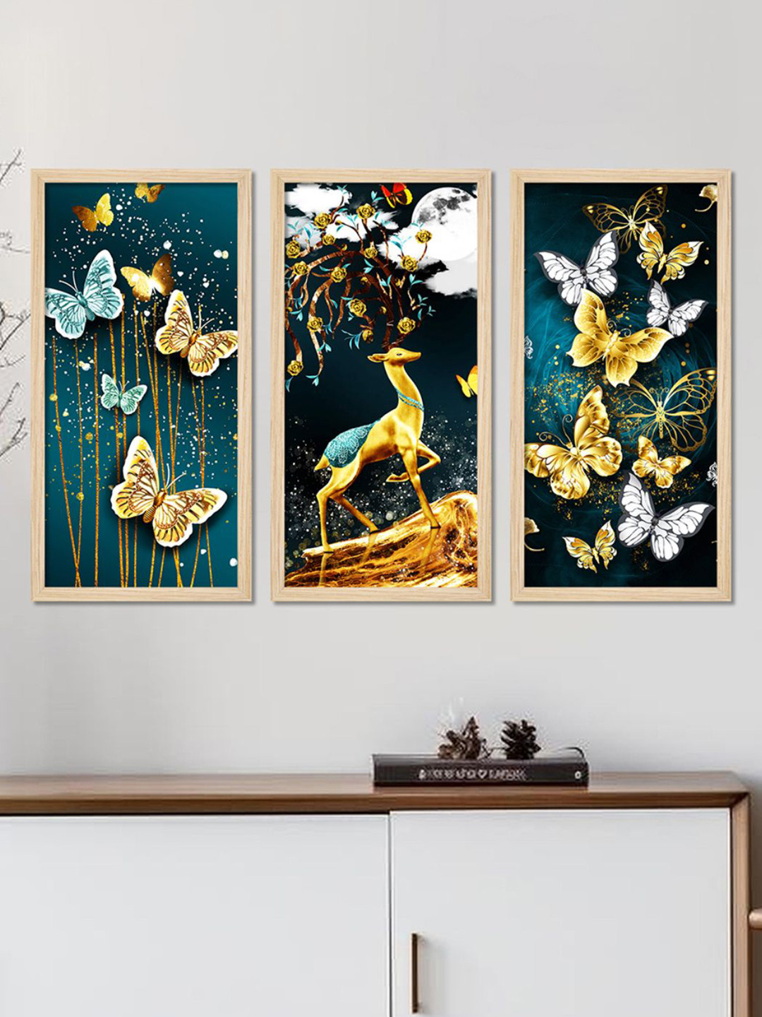 ArtVibes Beautiful Crystal Butterfly Wood 3 Piece Wall =Paintings Wall Art -10 x 32 In