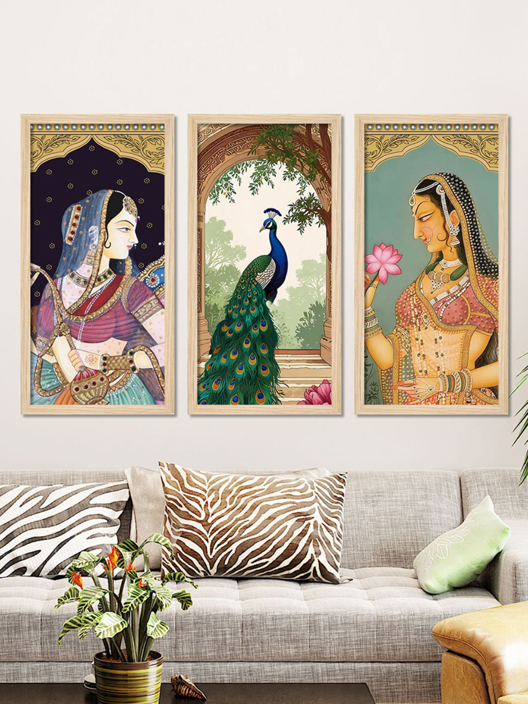 ArtVibes Indian Queen Wood 3 Piece Wall Rectangle Paintings Wall Art -19 x 10 In