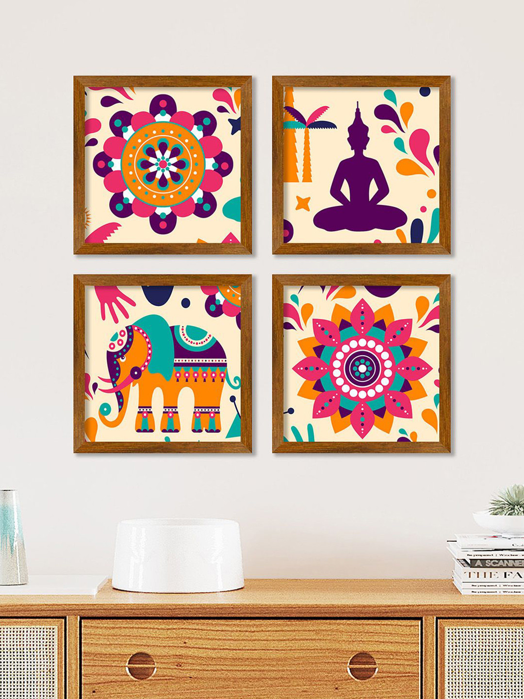 ArtVibes Elements Wood 4 Piece Wall Square Paintings Wall Art -9 x 9 In