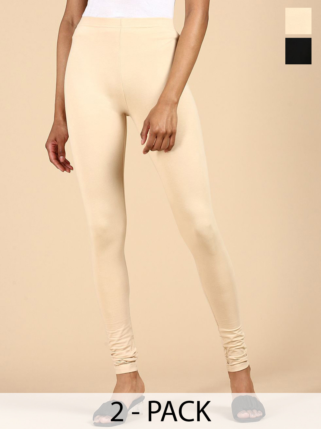 De Moza Women Pack Of 2 Mid-Rise Churidar-Length Cotton Leggings