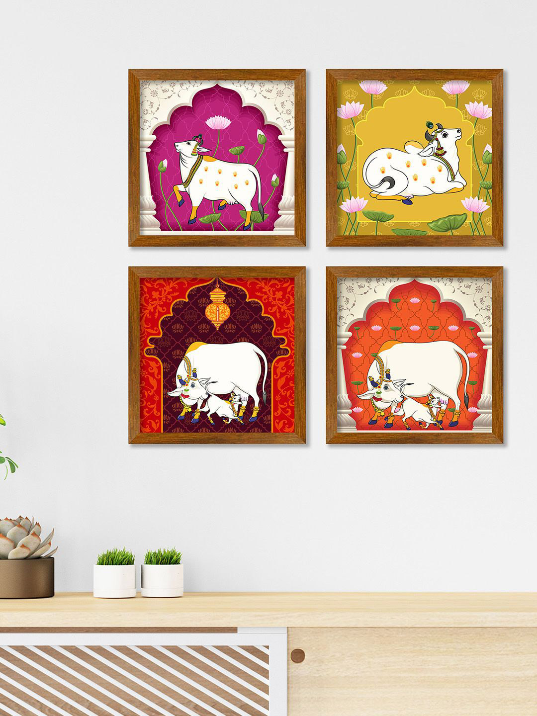 ArtVibes Pichwai Cow Wood 4 Piece Wall Square Paintings Wall Art -9 x 9 In