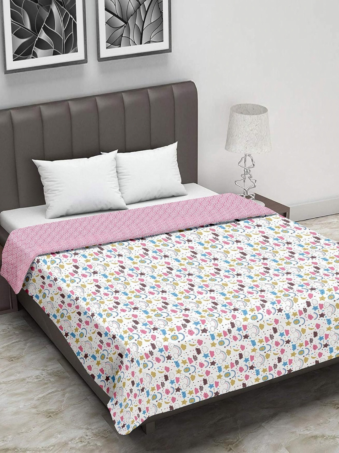 Trance Home Linen Pink & White Geometric Cotton 150 GSM Reversible Single Bed Dohar