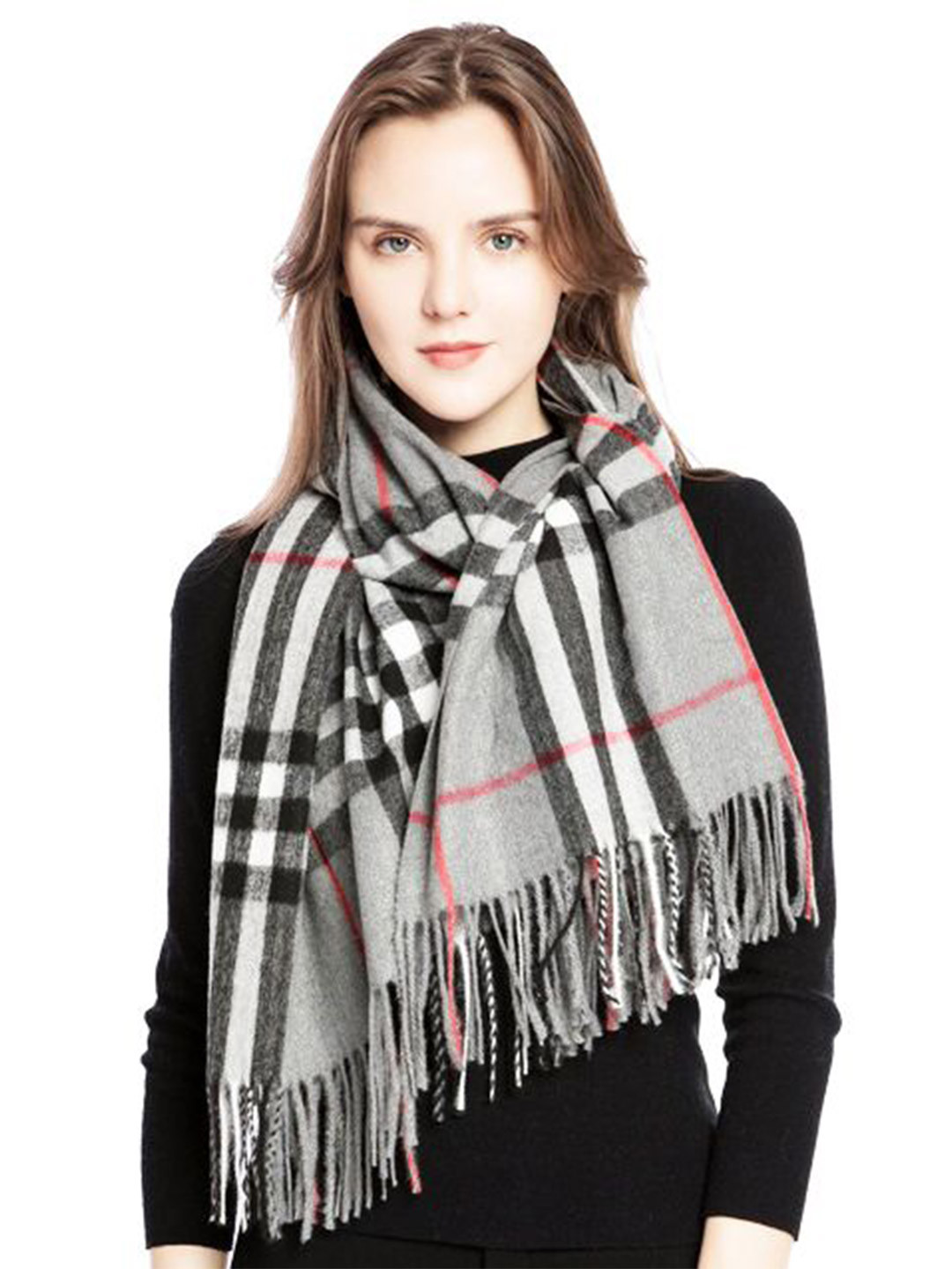 Alexvyan Women Grey Checked Soft & Warm Woolen Cashmere  Scarf
