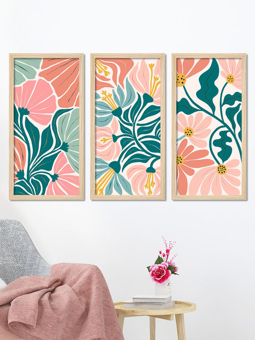 ArtVibes Pink & Green 3 Pieces Floral Wooden Painting Wall Arts
