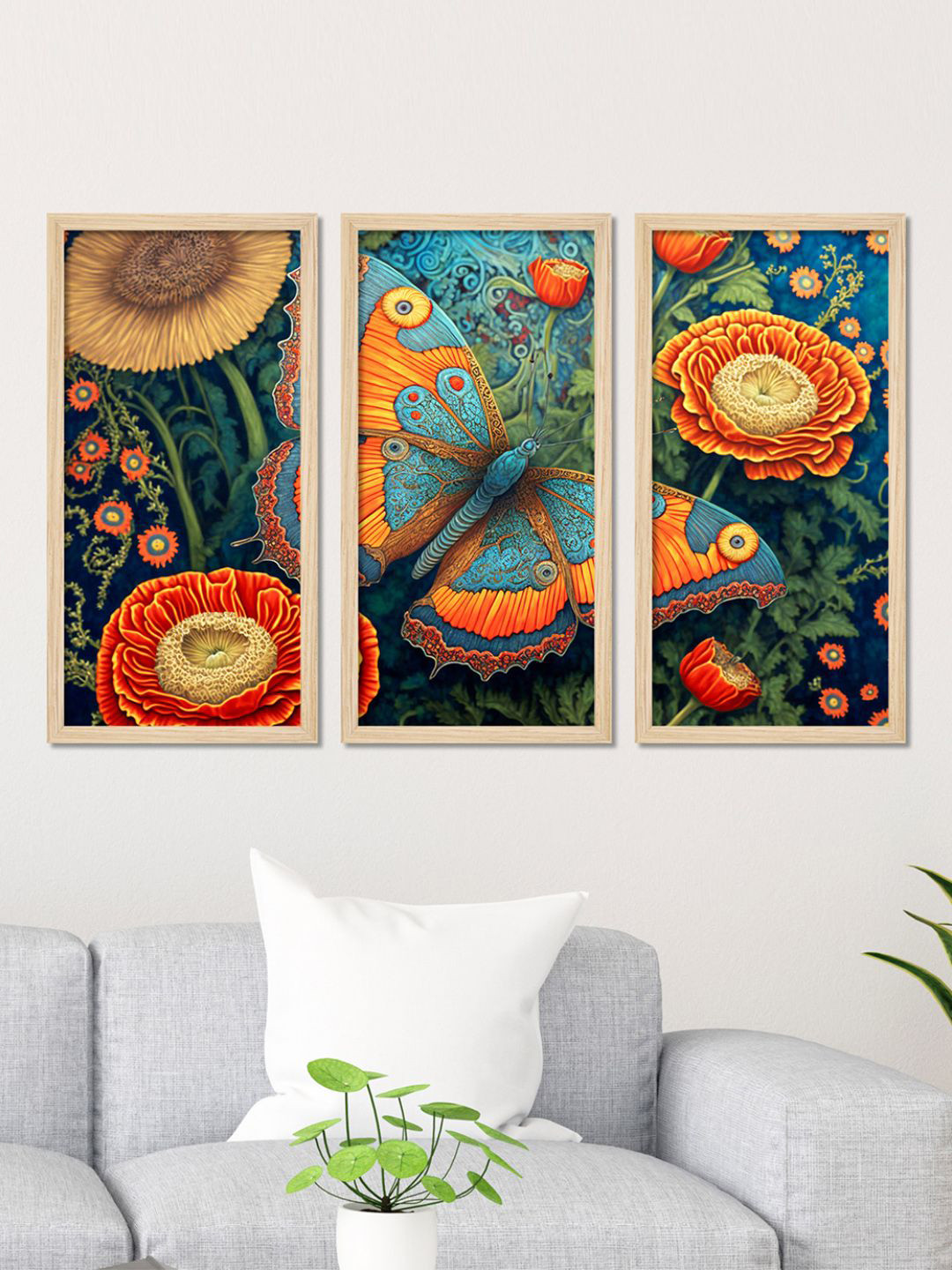 ArtVibes Close up of a Flower Blue 3 Pieces Flower with Butterfly Wooden Wall Arts