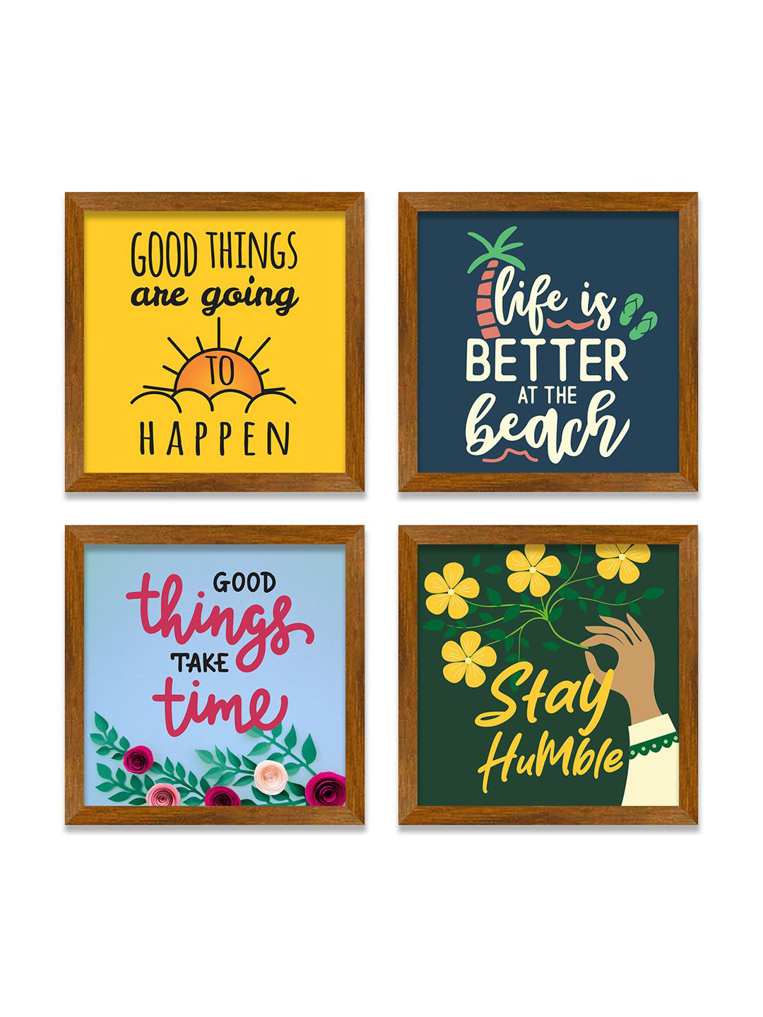 ArtVibes Yellow & Green 4 Pieces Inspirational Quotes Wooden Painting Wall Arts