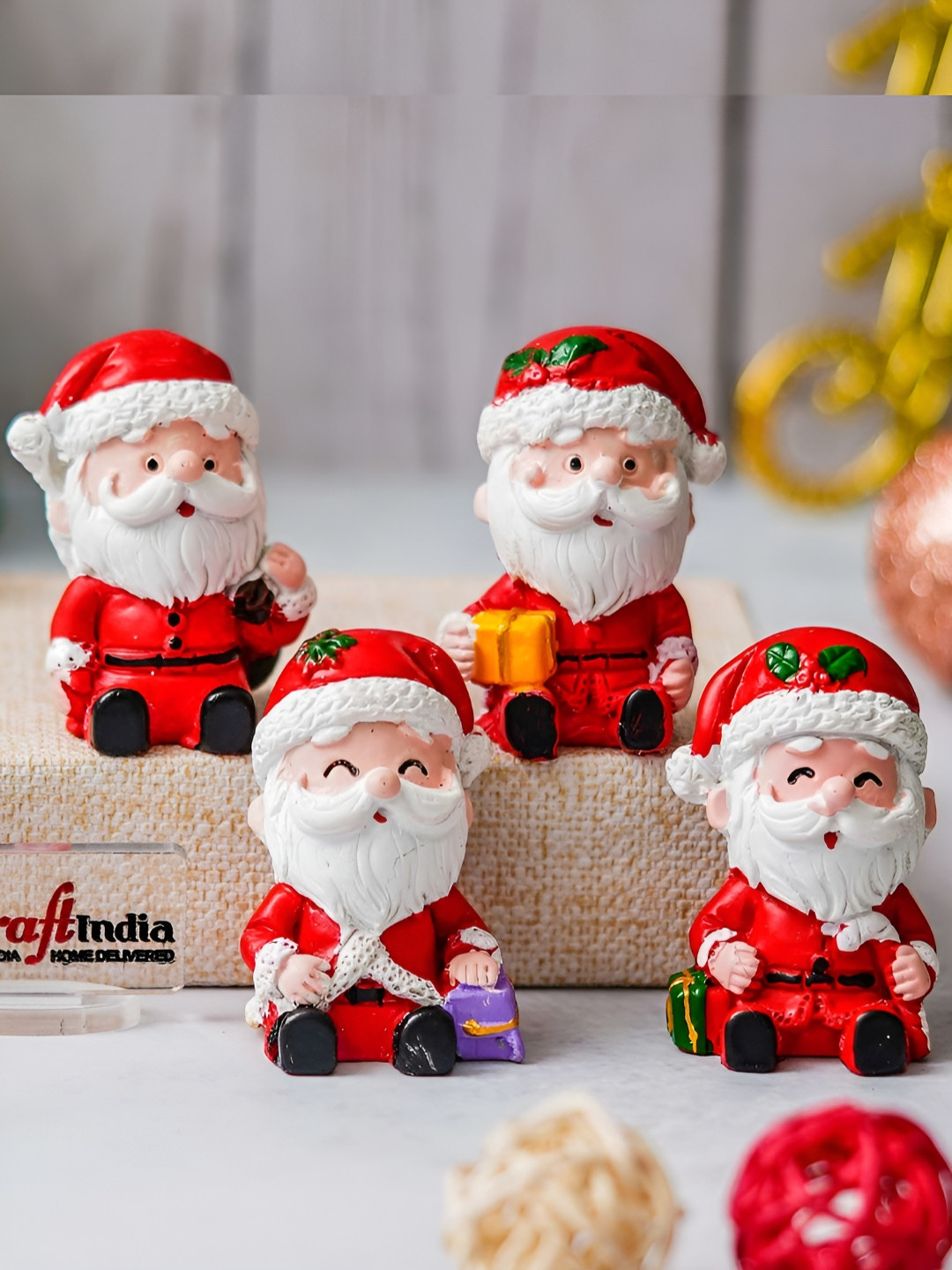 eCraftIndia Santa Claus Red Plastic Glossy Prayer Room Set of 4 Small Showpieces - 2 Inches