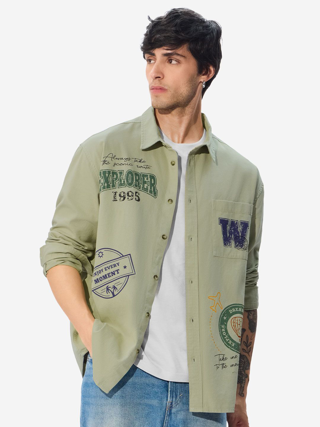 The Souled Store Men Travel Stamps Green Relaxed Fit Shirt
